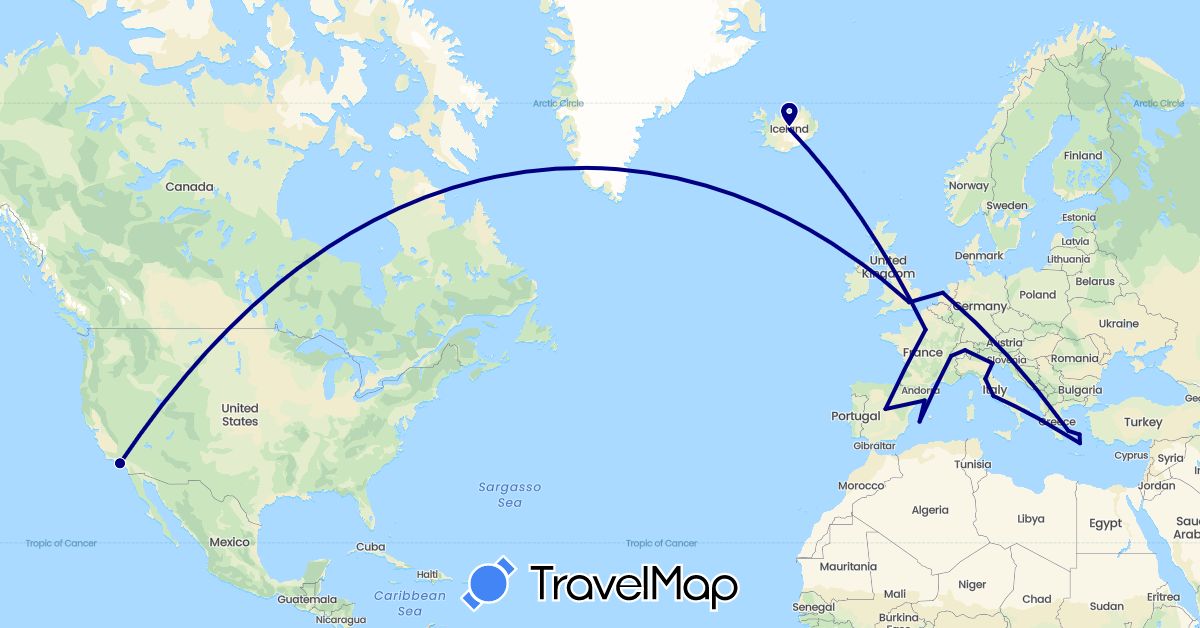 TravelMap itinerary: driving in Switzerland, Spain, France, United Kingdom, Greece, Iceland, Italy, Netherlands, United States (Europe, North America)